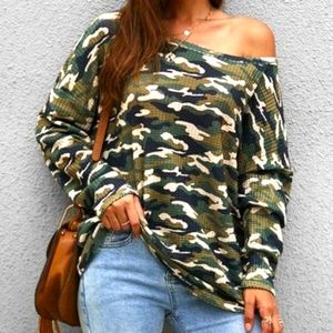 😍Gaovot Green Camo Oversized Off Shoulder shirt blouse top